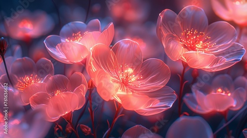 Beautiful delicate flowers with illuminated hearts 3d rendering