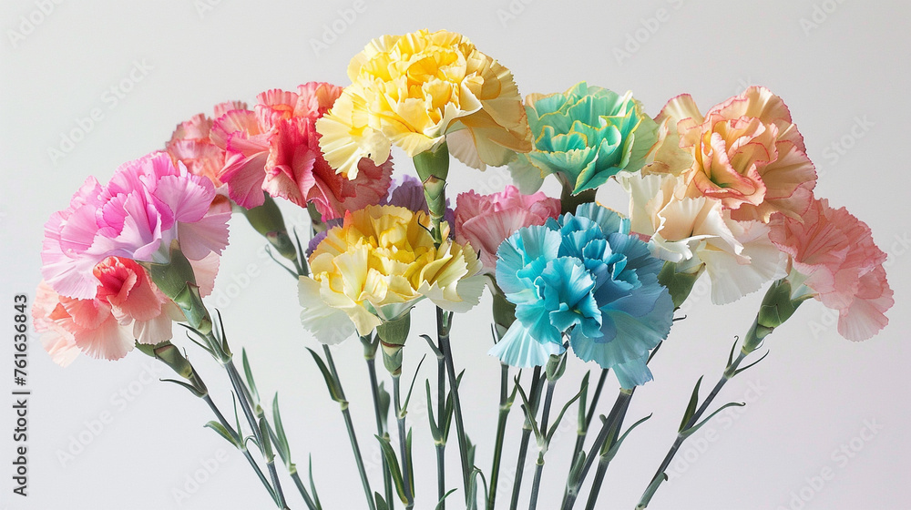  Gorgeous rainbow-colored carnation bouquet that exudes happiness and beauty against a snow-white background