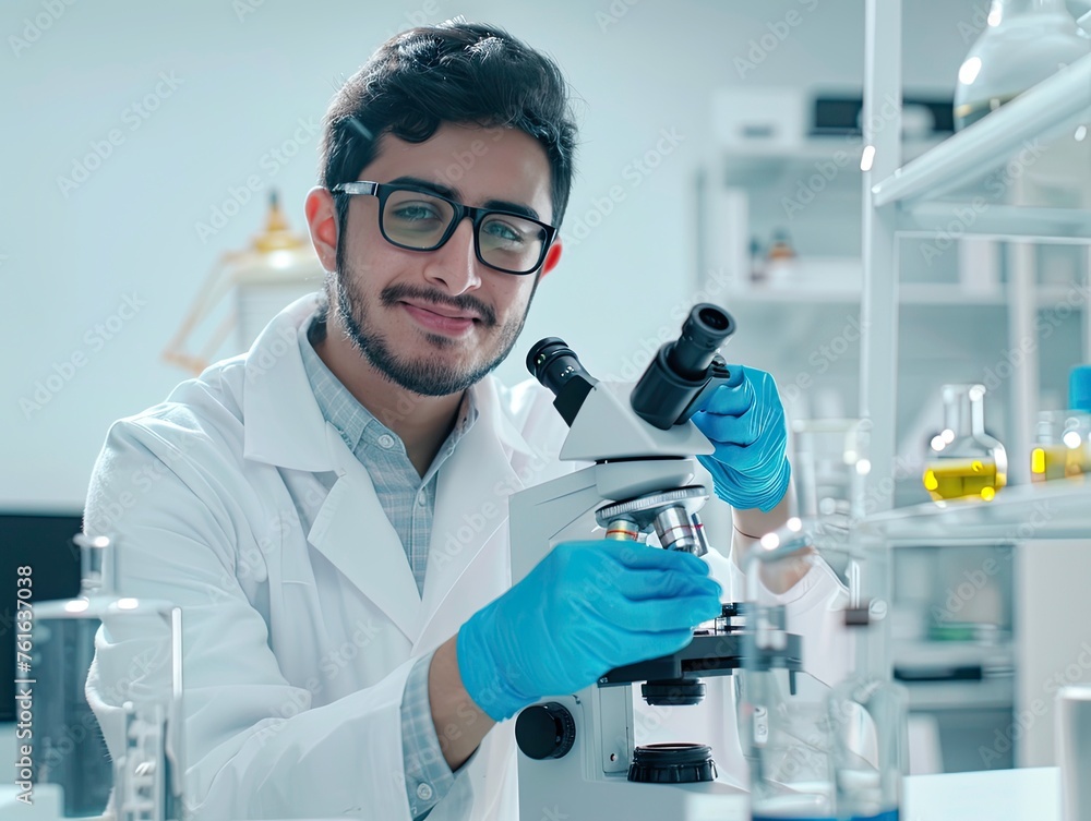 Scientist Caucasian man wearing a white lab coat and blue gloves is holding a microscope Scientist Caucasian man wearing a white lab coat and blue gloves is holding a microscope