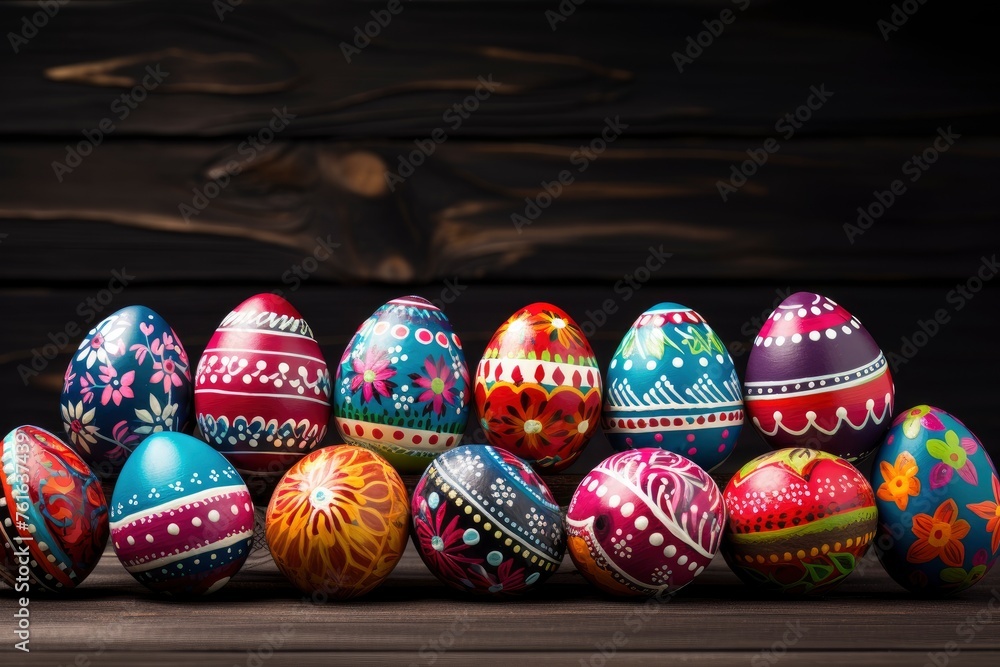 Easter eggs on wooden background - generative ai Easter eggs on wooden background - generative ai