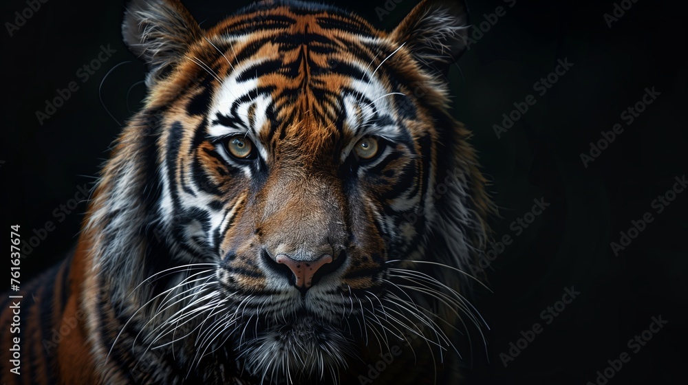 Fototapeta premium Close up Tiger on black background, space for text