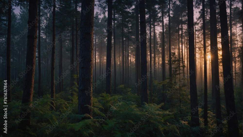 As night falls, the forest is bathed in the soft glow of twilight, with the last rays of sunlight filtering through the dense canopy of trees.