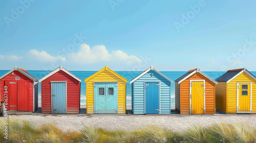 Colorful small wooden huts in different colors on the beach in summer