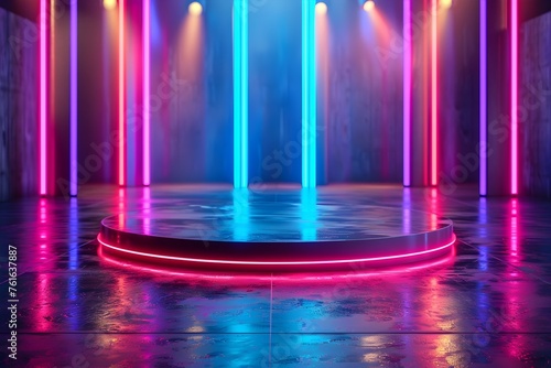 Vibrant Neon-Lit Stage Awaiting Product Showcase in 3D Rendering