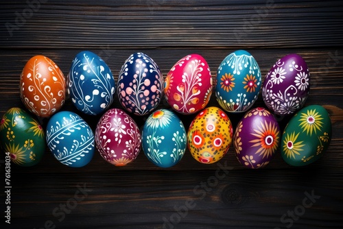 Easter eggs on wooden background - generative ai