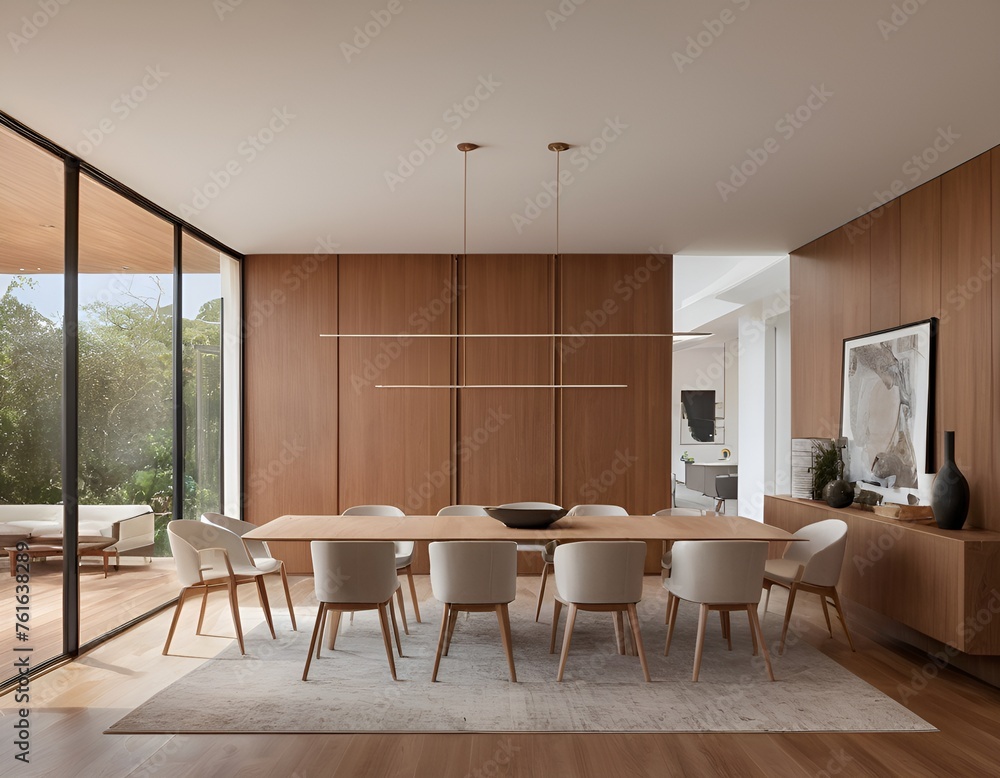 A minimalist modern dining room with abstract wood paneling forming an arched wall A minimalist modern dining room with abstract wood paneling forming an arched wall