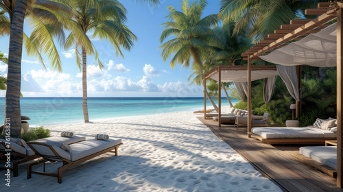 cozy lounges with beds on the beach with palm trees around © jr-art