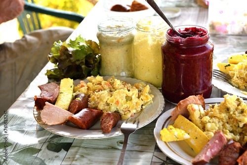 Obraz na płótnie Typical Slovak Easter food, sacred cheese, ham, eggs, sausage and beetroot w salonie