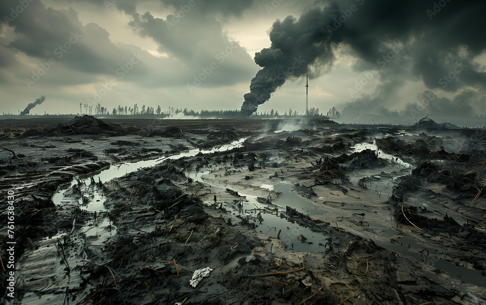 toxic wasteland near factory - obrazy, fototapety, plakaty 