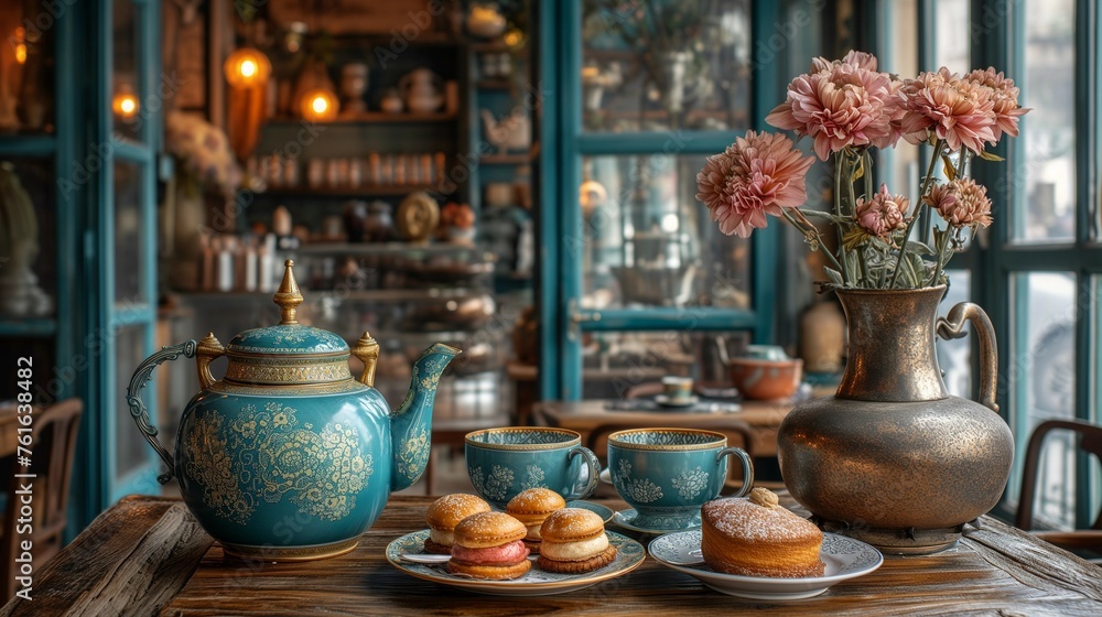 Cozy Café Scene with Samovar, generative ai Cozy Café Scene with Samovar, generative ai