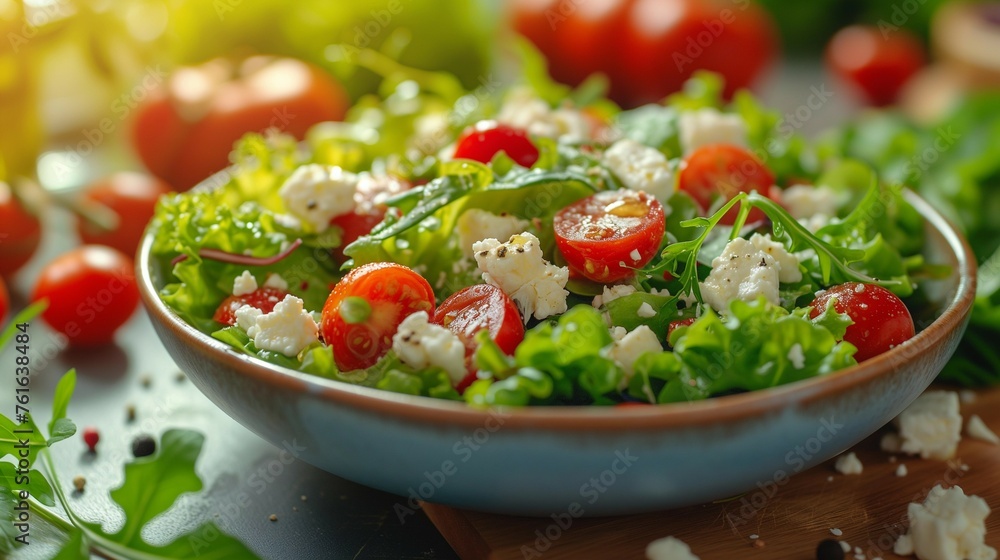 Fresh and Vibrant Salad Bowl in a Bright Kitchen Setting, generative ai Fresh and Vibrant Salad Bowl in a Bright Kitchen Setting, generative ai
