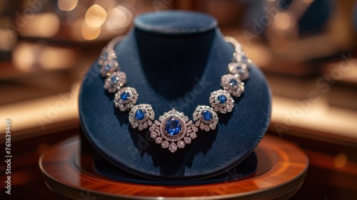 Elegant Art Deco Jewelry Showcase with Diamond and Sapphire Necklace, generative ai