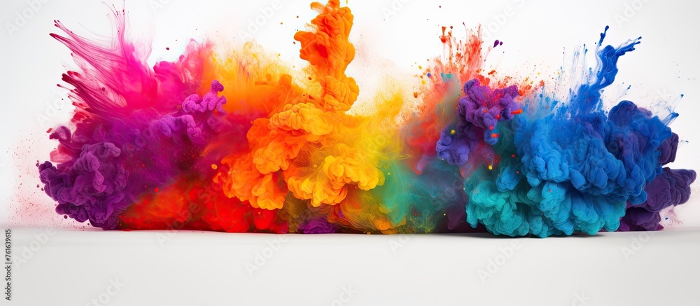 An event showcasing a bunch of colorful paint powder explosions resembling petals in a sky blue and magenta art rectangle on a white background