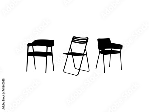 Chair furniture vector silhouette set. Black silhouettes of different chair. Set of wooden chairs silhouette isolated white background.