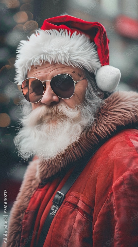 brutal Santa Claus in warm red jacket and sunglasses looking at camera on blurred winter street