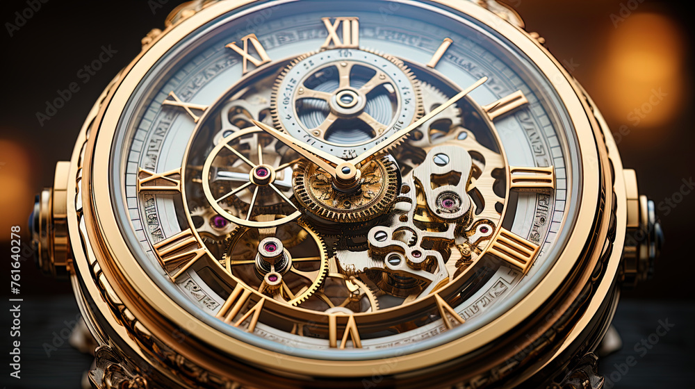 Obraz premium A clock with a round dial and mechanical mechanism, symbolizing the classic style and elegan