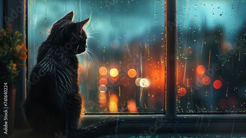Black cat sitting thoughtfully by a wet window, with vibrant bokeh city lights creating a moody backdrop.