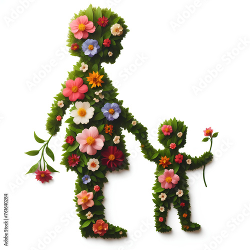silhouette of child made of flowers isolated on white background