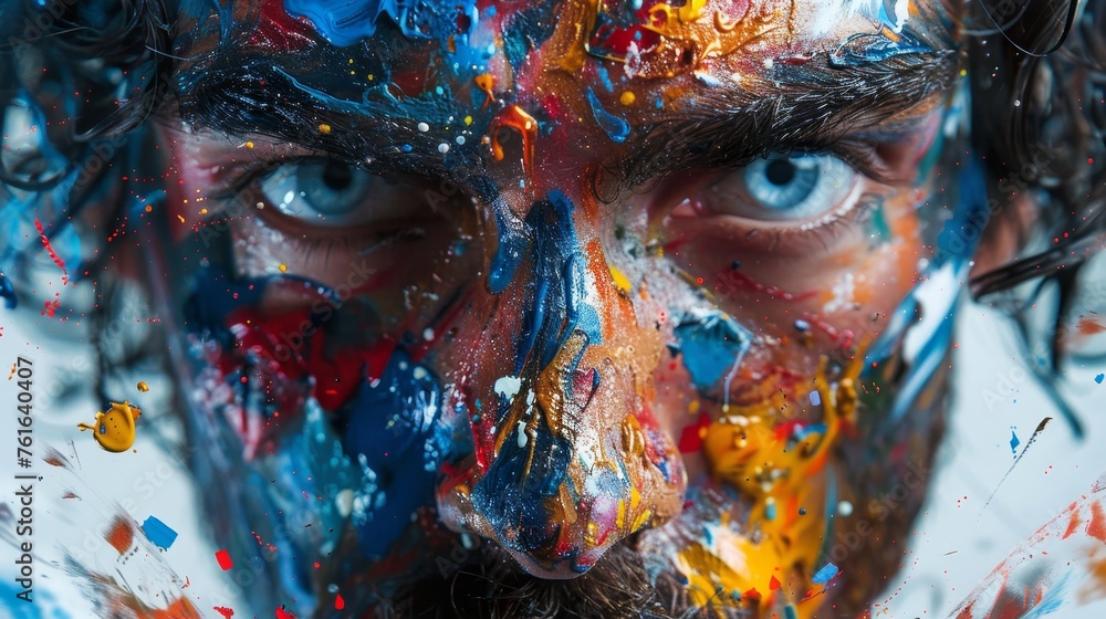 Obraz premium Close-up of a man's face artistically covered with a dynamic explosion of colorful paint splatters against a cool-toned backdrop.
