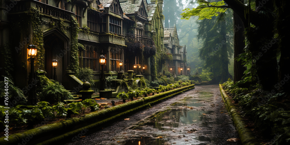 A gloomy old mansion, surrounded by dense greenery of the forest, like an abandoned castle in a A gloomy old mansion, surrounded by dense greenery of the forest, like an abandoned castle in a