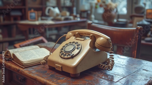 Nostalgic Mid-Century Still Life: Beige Rotary Phone and Leather Journal, generative ai