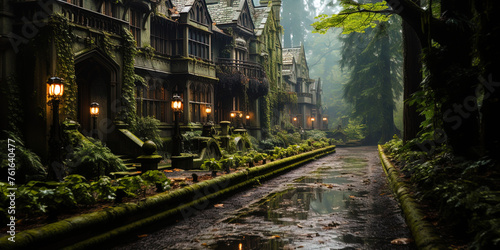 A gloomy old mansion, surrounded by dense greenery of the forest, like an abandoned castle in a