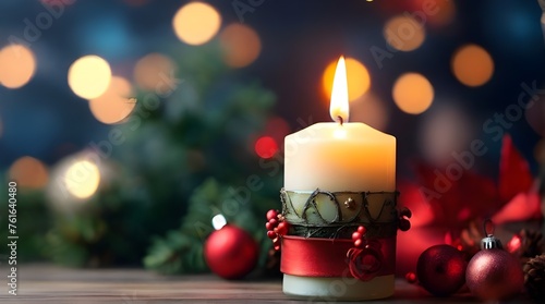 Christmas candle and decorations. Bokeh background. Generative AI