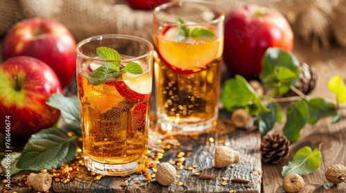 Apple juice in glass with mint leaves on blurred background, ideal for text placement