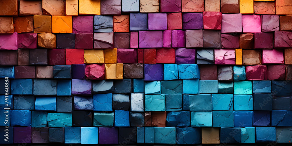 A motley wall made up of bricks of different colors and sizes, like a stained glass window th A motley wall made up of bricks of different colors and sizes, like a stained glass window th