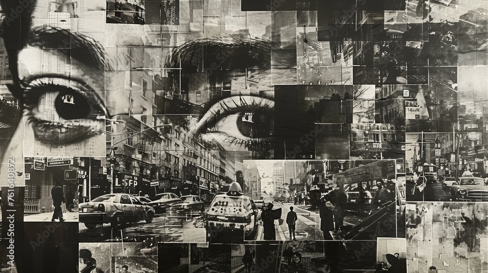 Fototapeta premium A complex black and white collage blends urban city scenes into the watchful gaze of a human eye, symbolizing constant observation in a bustling metropolis.