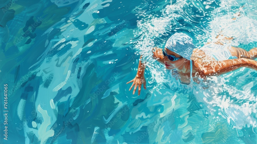 A competitive female swimmer glides through the sparkling blue water of a swimming pool, showcasing speed and agility.