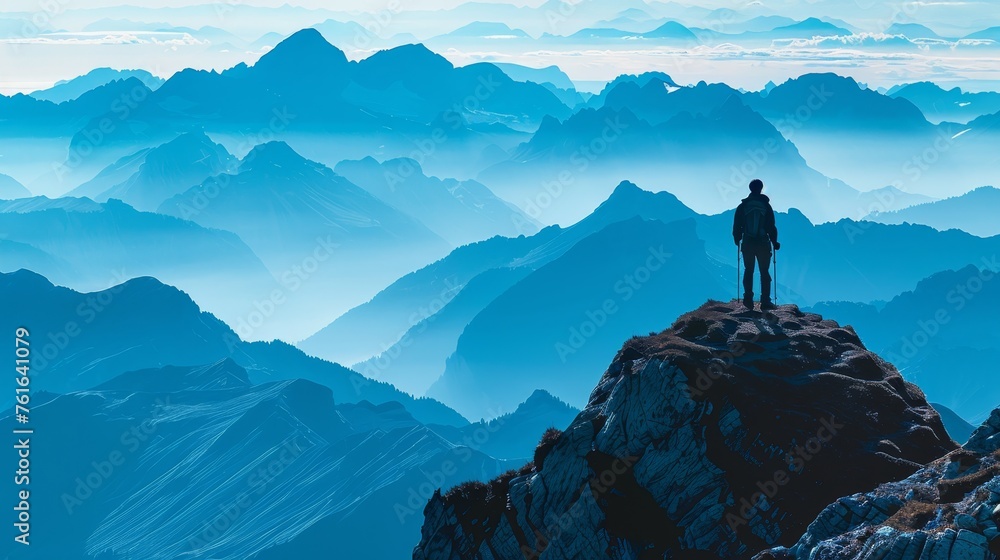 A lone hiker stands atop a peak, gazing at a breathtaking mountain range bathed in the early morning light.