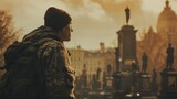 A soldier in camouflage reflects on history while gazing over a cityscape adorned with statues and classical architecture at dusk.