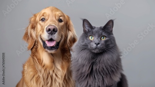 beautiful dog sitting next to a cat on gray background
