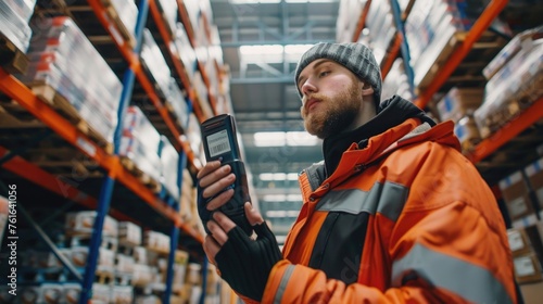 person in the shop, close-up of a warehouse worker screening package with barcode scanner