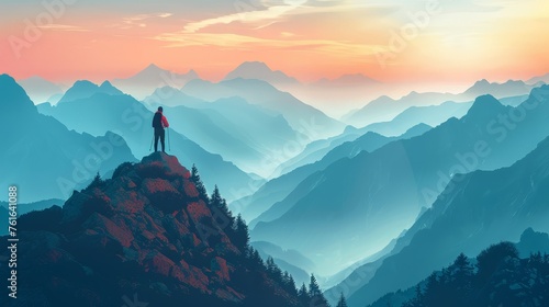 A hiker with trekking poles stands in awe as dawn's soft light unveils the layered silhouettes of a misty mountain range.