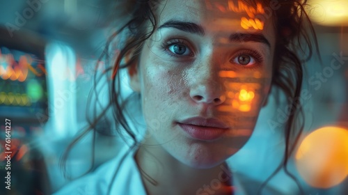 A captivating close-up portrait of a young woman, her face partially illuminated by the warm, reflective light of her surroundings.
