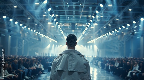 The back of a man as he faces a seated audience from the runway, with the anticipation of a fashion show palpable in the air. photo