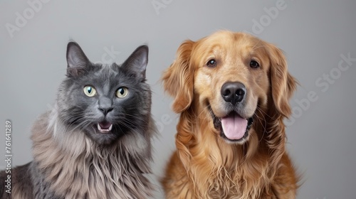 beautiful dog sitting next to a cat on gray background in studio in high resolution