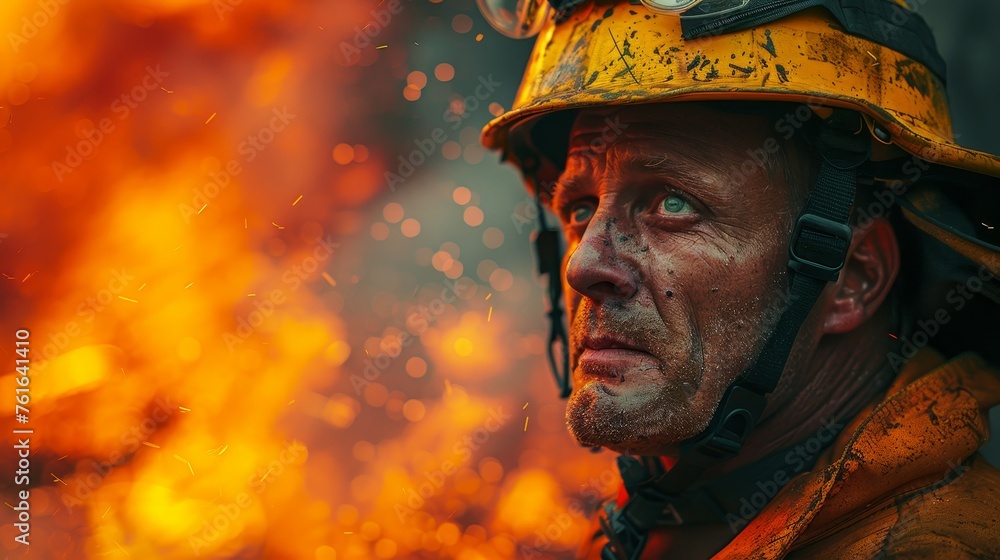A seasoned firefighter stands resilient against a backdrop of intense flames, his experienced eyes telling a story of courage and duty. A seasoned firefighter stands resilient against a backdrop of intense flames, his experienced eyes telling a story of courage and duty.