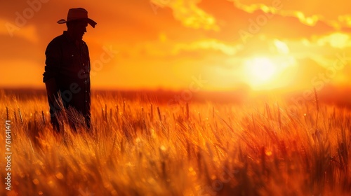 Silhouette of a farmer with a hat standing in a wheat field, watching a dramatic sunset. © Sodapeaw