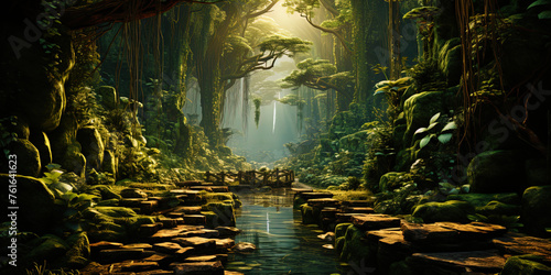 Fototapeta Naklejka Na Ścianę i Meble -  Dynamic jungle with the movement of vegetation and sounds of nature, like a pulsating heart of