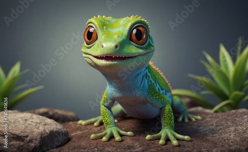 Fanny 3d cute cartoon little gecko. Colorful colored chameleon, lizard close up with big eye. Generative AI