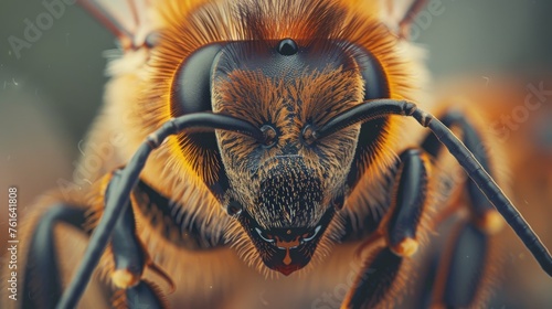 A bee's head is seen up-close, showcasing the furry texture and the deep, captivating structure of its compound eyes and antennae.