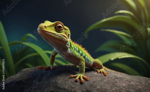 Fanny 3d cute cartoon little gecko. Colorful colored chameleon, lizard close up with big eye. Generative AI © Sanita