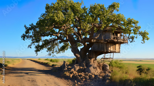 Mighty oak, with many bird nests on the branches, like a hospitable house for numerous inhabitant
