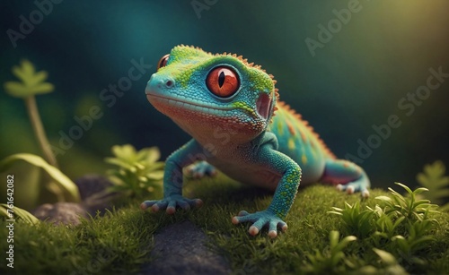 Fanny 3d cute cartoon little gecko. Colorful colored chameleon, lizard close up with big eye. Generative AI