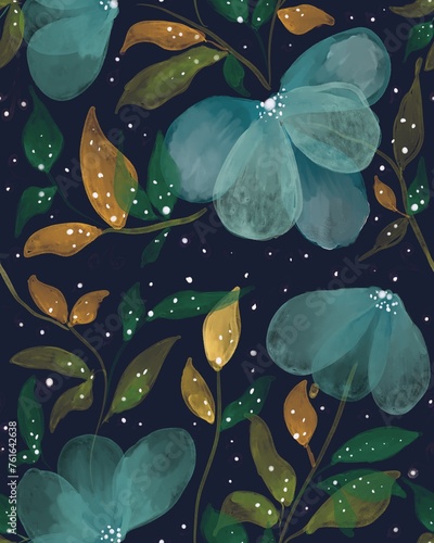 Seamless pattern with watercolor flowers, leaves and translucent petals on a black background, hand drawn on watercolor paper. Suitable for interior, wallpaper, fabrics, clothing, stationery.