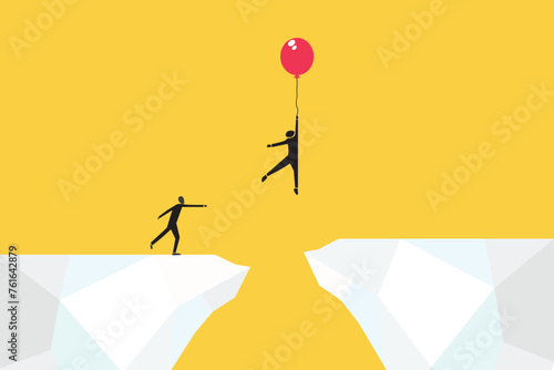 businessman fly with balloon through the gap. Concept of success, motivation, goal, professional growth