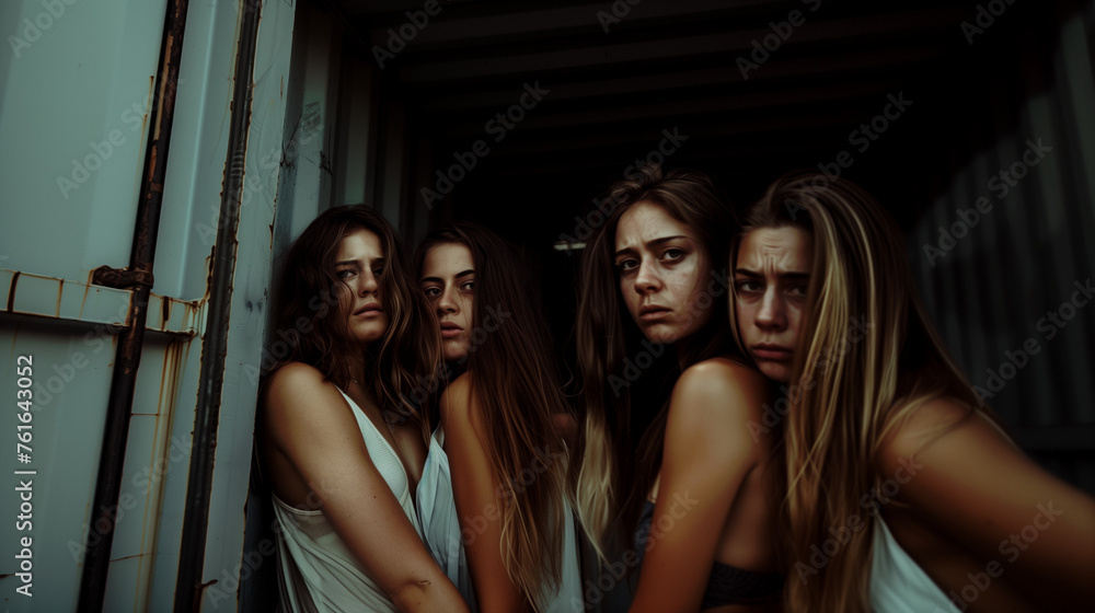 A groups of young women inside shipping containers. Human trafficking